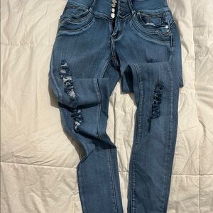 High Rise Blue Skinny Jeans with Distressed Details